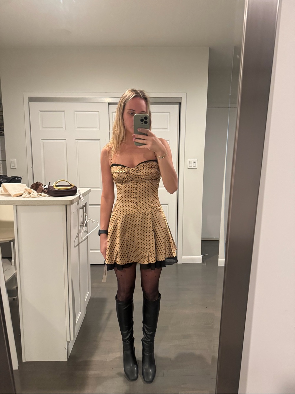 Reformation Polka Dot Tan and Black Spaghetti Strap Fit & Flare Mini Dress - Picture 5 of 5